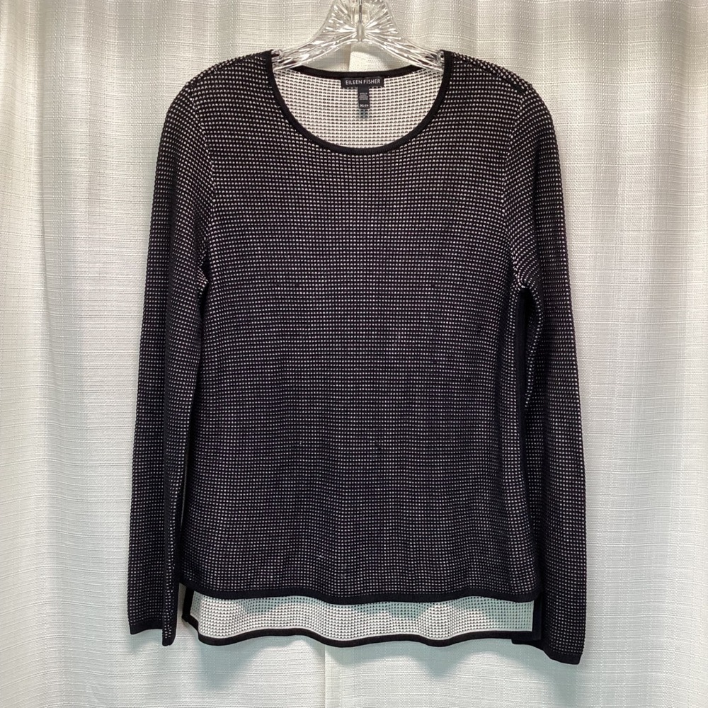 Eileen Fisher Silk Organic Cotton Knit Sweater Black White XS Long Sleeve Crew